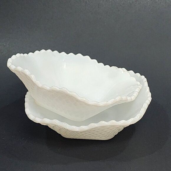 2 Vintage 6" Sq. Hazel Atlas Ruffled Edge Milk Glass Candy Dish Diamond Point - Picture 1 of 10